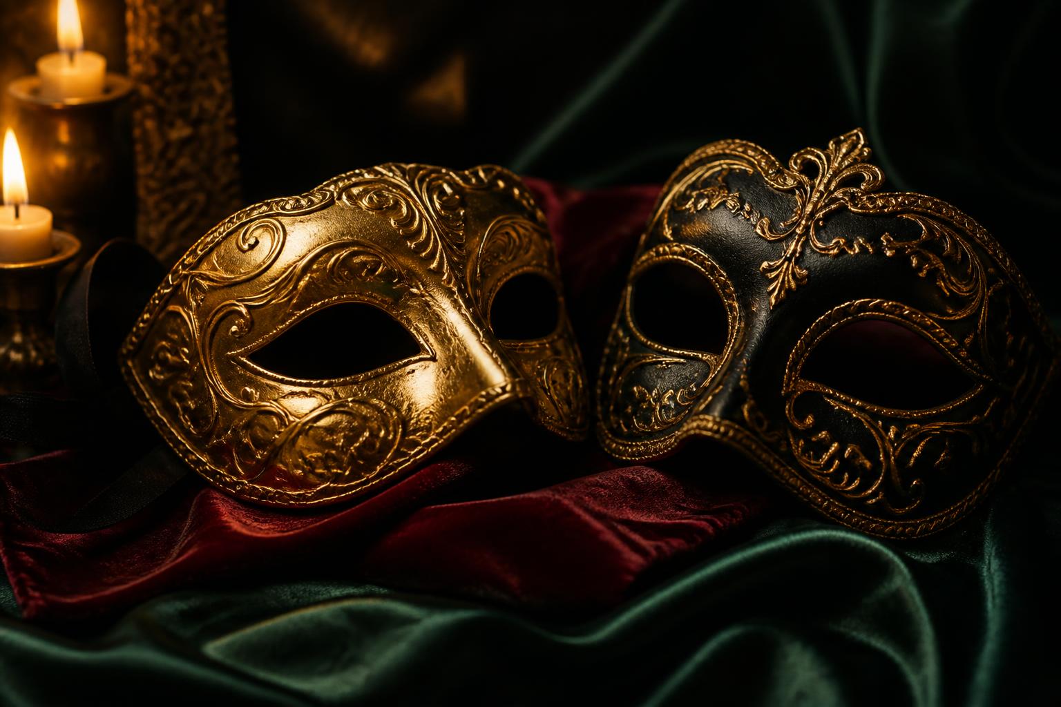 Dos máscaras de masquerade doradas sobre terciopelo burdeos y seda verde